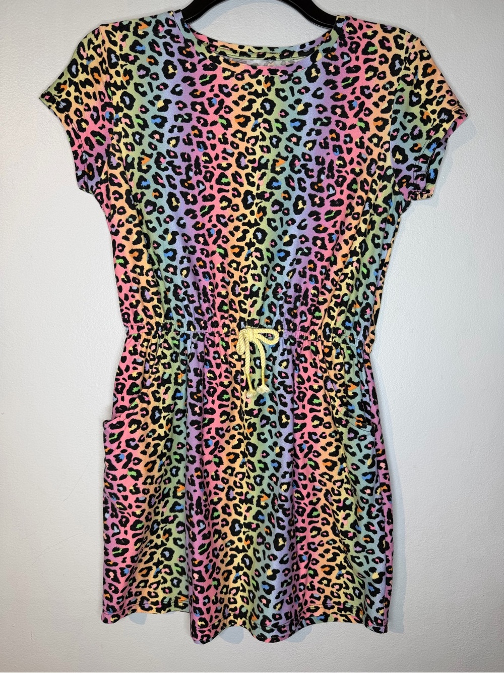 Girls' Rainbow Leopard Print Casual Dress with Drawstring